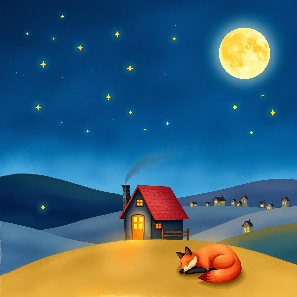 A sleeping fox under a full moon beside a cozy cottage in Oak Grove
